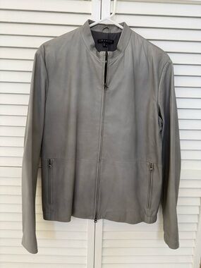 Theory Men's Light Gray Leather Bomber Jacket